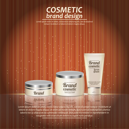 3D realistic cosmetic bottle ads template. Cosmetic brand advertising concept design with glowing sparkles on abstract texture background.のイラスト素材