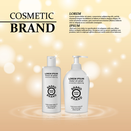 3D realistic cosmetic bottle ads template. Cosmetic brand advertising concept design with glitters and bokeh background.のイラスト素材