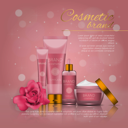 Vector 3D cosmetic illustration with rose and bokeh background. Beauty realistic cosmetic product design template.のイラスト素材