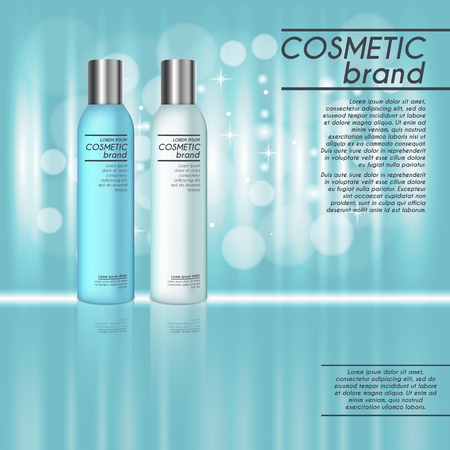 3D realistic cosmetic bottle ads template. Cosmetic brand advertising concept design with glitters and bokeh background.のイラスト素材