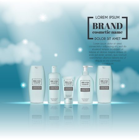 3D realistic cosmetic bottle ads template. Cosmetic brand advertising concept design on sky background with clouds.のイラスト素材