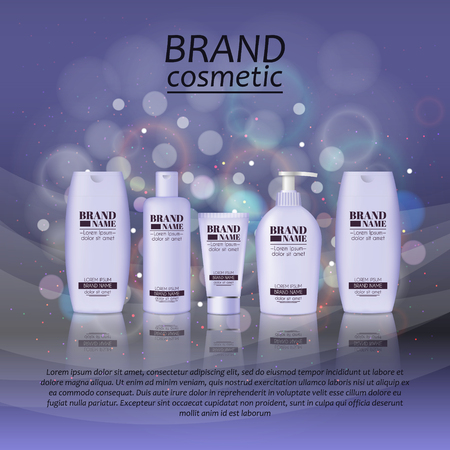 3D realistic cosmetic bottle ads template. Cosmetic brand advertising concept design with glitters and bokeh background.のイラスト素材