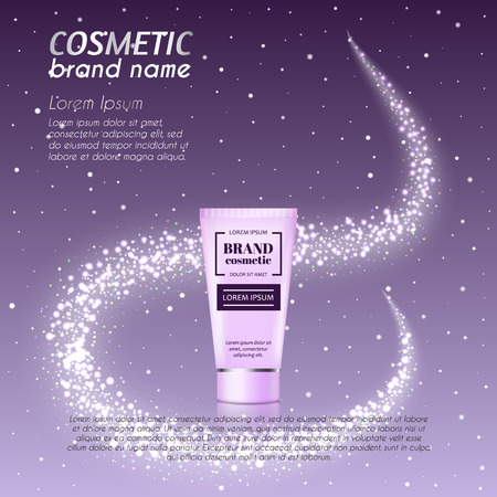 3D realistic cosmetic bottle ads template. Cosmetic brand advertising concept design with glittering dust background.のイラスト素材