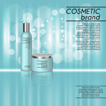 3D realistic cosmetic bottle ads template. Cosmetic brand advertising concept design with glitters and bokeh background.のイラスト素材