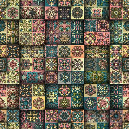 Colorful vintage seamless pattern with floral and mandala elements. Hand drawn background. Can be used for fabric, wallpaper, tile, wrapping, covers and carpet.のイラスト素材