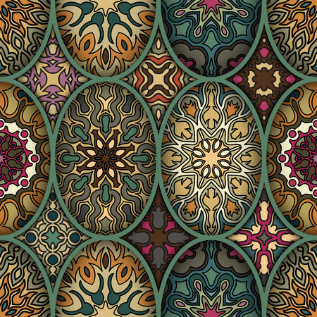 Colorful vintage seamless pattern with floral and mandala elements. Hand drawn background. Can be used for fabric, wallpaper, tile, wrapping, covers and carpet.のイラスト素材