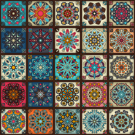 Colorful vintage seamless pattern with floral and mandala elements. Hand drawn background. Can be used for fabric, wallpaper, tile, wrapping, covers and carpet.のイラスト素材