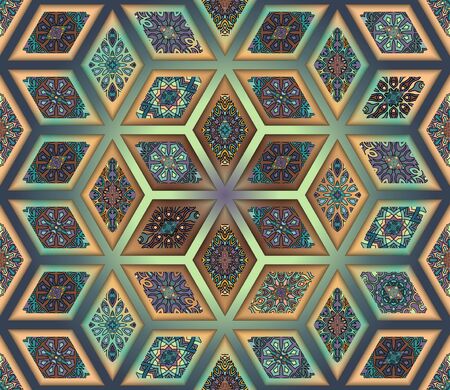 Colorful vintage seamless pattern with floral and mandala elements. Hand drawn background. Can be used for fabric, wallpaper, tile, wrapping, covers and carpet.のイラスト素材