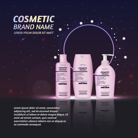 3D realistic cosmetic bottle ads template. Cosmetic brand advertising concept design with glitters and sparkles abstract sky background.のイラスト素材