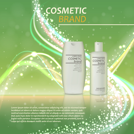 3D realistic cosmetic bottle ads template. Cosmetic brand advertising concept design with glitters and bokeh background.のイラスト素材