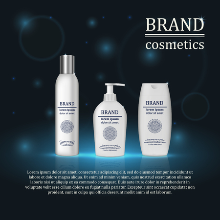 3D realistic cosmetic bottle ads template. Cosmetic brand advertising concept design with glitters and bokeh background.のイラスト素材