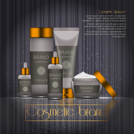 3D realistic cosmetic bottle ads template. Cosmetic brand advertising concept design with glowing sparkles on abstract texture background.のイラスト素材