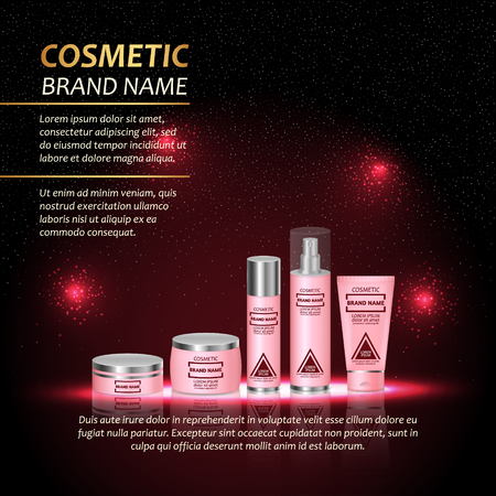 3D realistic cosmetic bottle ads template. Cosmetic brand advertising concept design with abstract glowing lights and sparkles background.のイラスト素材
