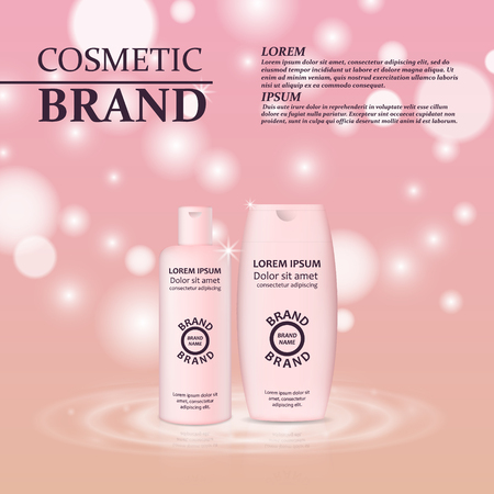 3D realistic cosmetic bottle ads template. Cosmetic brand advertising concept design with glitters and bokeh background.のイラスト素材