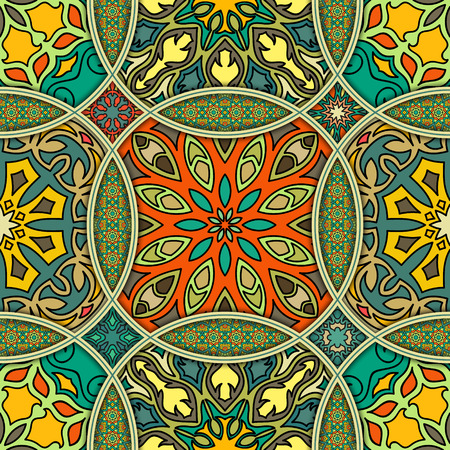 Colorful vintage seamless pattern with floral and mandala elements.Hand drawn background. Can be used for fabric, wallpaper, tile, wrapping, covers and carpet. Islam, Arabic, Indian, ottoman motifs.のイラスト素材