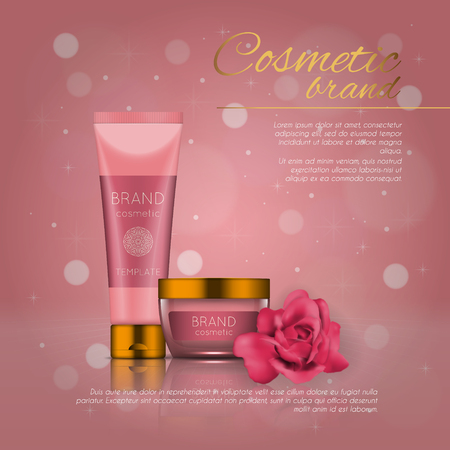 Vector 3D cosmetic illustration with rose and bokeh background. Beauty realistic cosmetic product design templateのイラスト素材