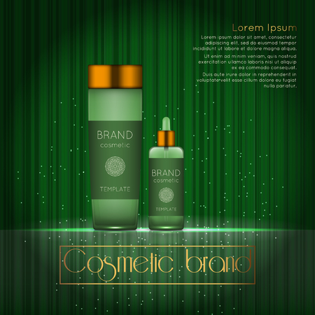 3D realistic cosmetic bottle ads template. Cosmetic brand advertising concept design with glowing sparkles on abstract texture background.のイラスト素材
