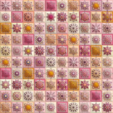 Vintage seamless pattern with tile patchwork elements. Winter ornament with snowflakes. Can be used for fabric, wallpaper, tile, wrapping, covers and carpet.のイラスト素材