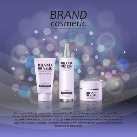 3D realistic cosmetic bottle ads template. Cosmetic brand advertising concept design with glitters and bokeh background.のイラスト素材