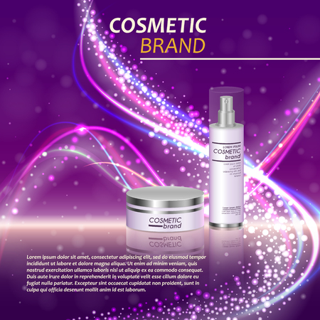 3D realistic cosmetic bottle ads template. Cosmetic brand advertising concept design with glitters and bokeh background.のイラスト素材