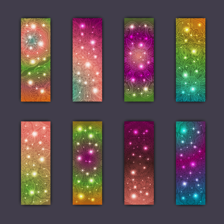 Banner card set with floral glowing decorative mandala elements background. Tribal,ethnic,Indian, Islam, Arabic, ottoman motifs.のイラスト素材