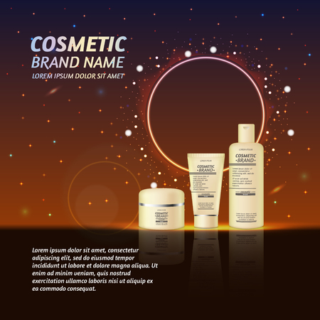 3D realistic cosmetic bottle ads template. Cosmetic brand advertising concept design with glitters and sparkles abstract sky background.のイラスト素材