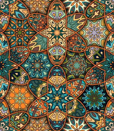 Colorful vintage seamless pattern with floral and mandala elements.Hand drawn background. Can be used for fabric, wallpaper, tile, wrapping, covers and carpet. Islam, Arabic, Indian, ottoman motifs.のイラスト素材