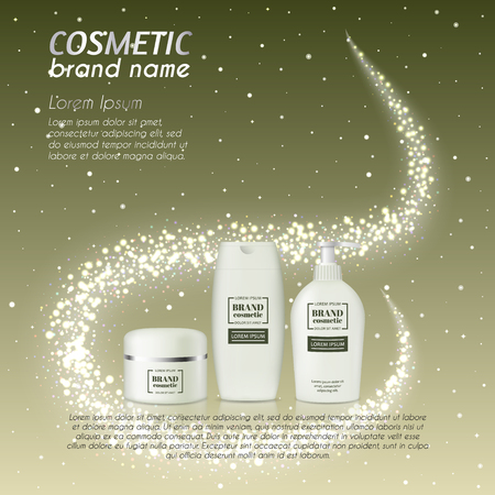 3D realistic cosmetic bottle ads template. Cosmetic brand advertising concept design with glittering dust background.のイラスト素材