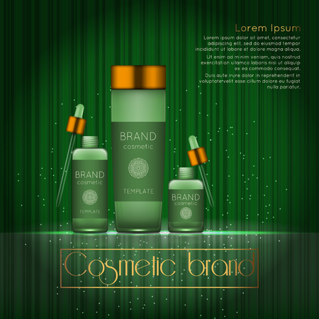 3D realistic cosmetic bottle ads template. Cosmetic brand advertising concept design with glowing sparkles on abstract texture background.のイラスト素材