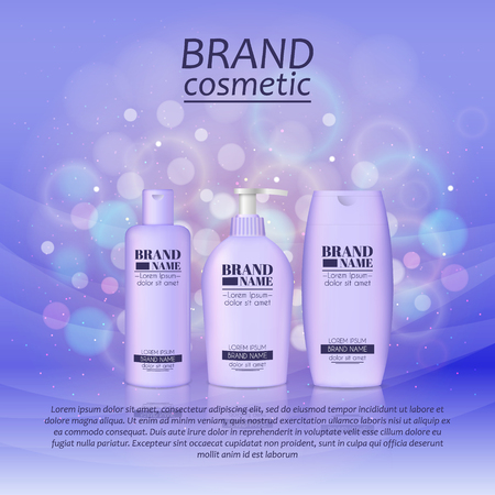 3D realistic cosmetic bottle ads template. Cosmetic brand advertising concept design with glitters and bokeh background.のイラスト素材