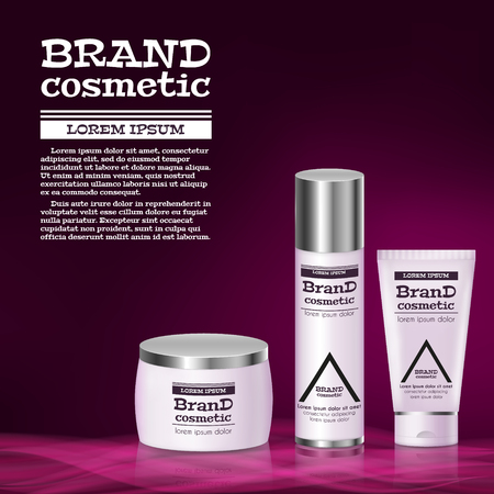 3D realistic cosmetic bottle ads template. Cosmetic brand advertising concept design with abstract glowing waves.のイラスト素材