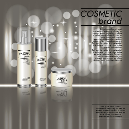 3D realistic cosmetic bottle ads template. Cosmetic brand advertising concept design with glitters and bokeh background.のイラスト素材