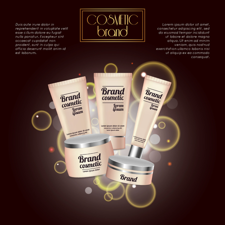 3D realistic cosmetic bottle ads template. Cosmetic brand advertising concept design with bubbles and sparkles.のイラスト素材