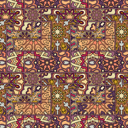 Colorful vintage seamless pattern with floral and mandala elements.Hand drawn background. Can be used for fabric, wallpaper, tile, wrapping, covers and carpet. Islam, Arabic, Indian, ottoman motifs.のイラスト素材