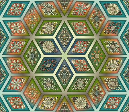 Colorful vintage seamless pattern with floral and mandala elements.Hand drawn background. Can be used for fabric, wallpaper, tile, wrapping, covers and carpet. Islam, Arabic, Indian, ottoman motifs.のイラスト素材