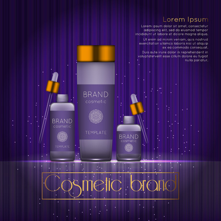 3D realistic cosmetic bottle ads template. Cosmetic brand advertising concept design with glowing sparkles on abstract texture background.のイラスト素材