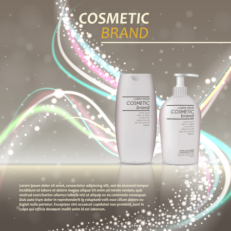 3D realistic cosmetic bottle ads template. Cosmetic brand advertising concept design with glitters and bokeh background.のイラスト素材