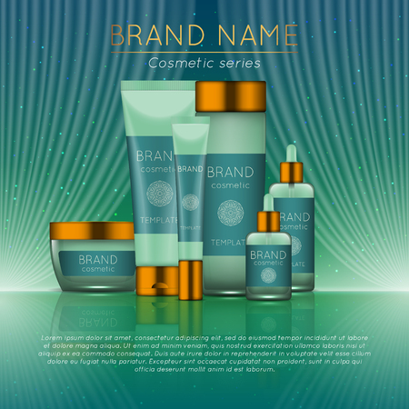 3D realistic cosmetic bottle ads template. Cosmetic brand advertising concept design with wavy light abstract background.のイラスト素材