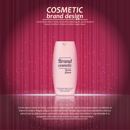 3D realistic cosmetic bottle ads template. Cosmetic brand advertising concept design with glowing sparkles on abstract texture background.のイラスト素材