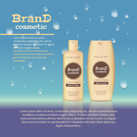 3D realistic cosmetic bottle ads template. Cosmetic brand advertising concept design with water bubbles and waterdrops background.のイラスト素材