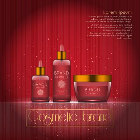 3D realistic cosmetic bottle ads template. Cosmetic brand advertising concept design with glowing sparkles on abstract texture background.のイラスト素材