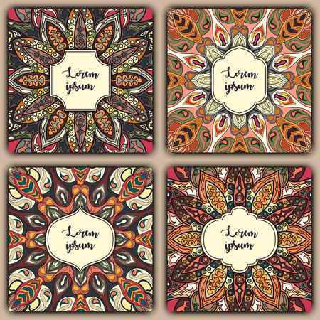 Set of mandala background cards. Vintage elements. Vector decorative retro greeting card or invitation design.のイラスト素材