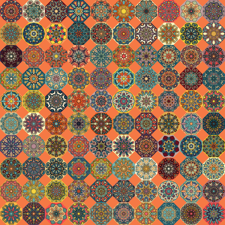 Colorful vintage seamless pattern with floral and mandala elements.Hand drawn background. Can be used for fabric, wallpaper, tile, wrapping, covers and carpet. Islam, Arabic, Indian, ottoman motifs.のイラスト素材