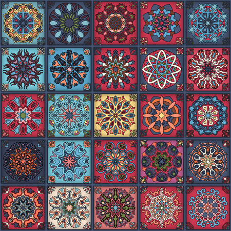 Colorful vintage seamless pattern with floral and mandala elements.Hand drawn background. Can be used for fabric, wallpaper, tile, wrapping, covers and carpet. Islam, Arabic, Indian, ottoman motifs.のイラスト素材