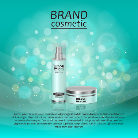 3D realistic cosmetic bottle ads template. Cosmetic brand advertising concept design with glitters and bokeh background.のイラスト素材