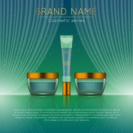 3D realistic cosmetic bottle ads template. Cosmetic brand advertising concept design with wavy light abstract background.のイラスト素材