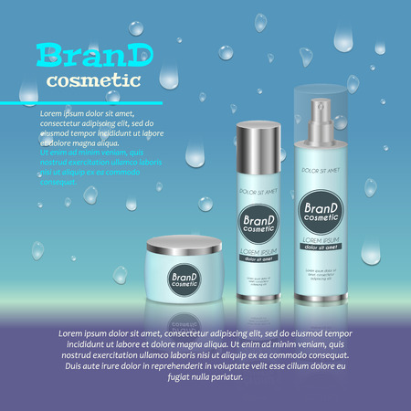 3D realistic cosmetic bottle ads template. Cosmetic brand advertising concept design with water bubbles and waterdrops background.のイラスト素材