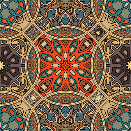 Colorful vintage seamless pattern with floral and mandala elements.Hand drawn background. Can be used for fabric, wallpaper, tile, wrapping, covers and carpet. Islam, Arabic, Indian, ottoman motifs.のイラスト素材