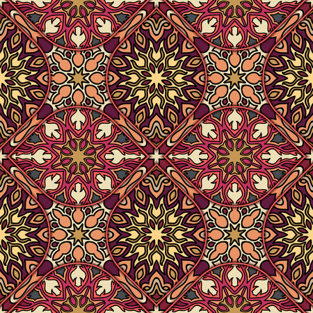Colorful vintage seamless pattern with floral and mandala elements.Hand drawn background. Can be used for fabric, wallpaper, tile, wrapping, covers and carpet. Islam, Arabic, Indian, ottoman motifs.のイラスト素材
