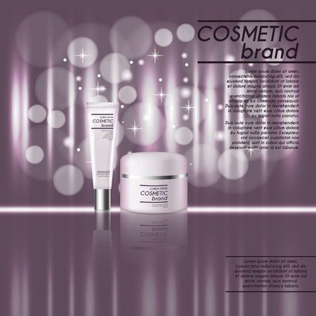 3D realistic cosmetic bottle ads template. Cosmetic brand advertising concept design with glitters and bokeh background.のイラスト素材